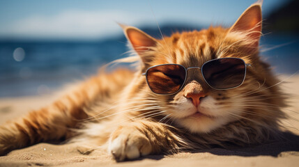 Amusing pet summer holiday vacation photography banner background - Close-up of a cool cat sporting sunglasses, lounging and unwinding on a tranquil tropical ocean beach. Generative AI