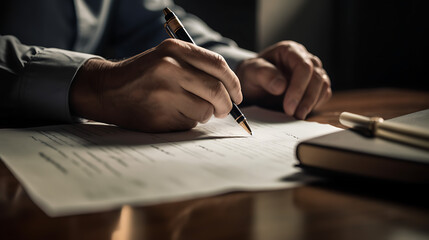 Signing a document, signing a contract, writing a will, signature - on a dark table - created with generative AI technology