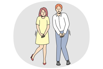 Fototapeta na wymiar Man and woman want to pee. Couple suffer from urinary infection or health problem. Healthcare concept. Vector illustration.