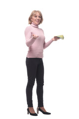 Smiling happy woman with dollars in hand