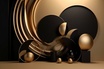 Minimalistic abstract wallpaper with golden, black, and beige shapes and lines. 3D illustration for home decor. Generative AI