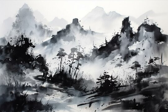 Ink painting of a Japanese-inspired mountain field. Generative AI
