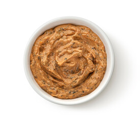 Liver pate isolated on white background, top view