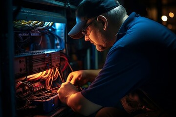 Engineer Inspecting Internet Splitter Box's Fiber Optic Cables. AI