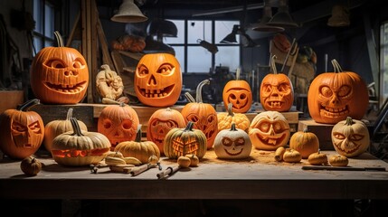  a group of carved pumpkins sitting on top of a table.  generative ai