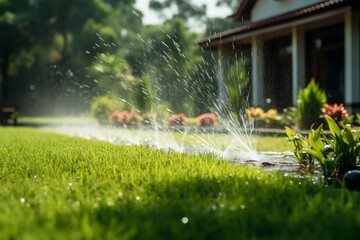 Auto garden sprinkler system waters lawn & green grass. AI - obrazy, fototapety, plakaty