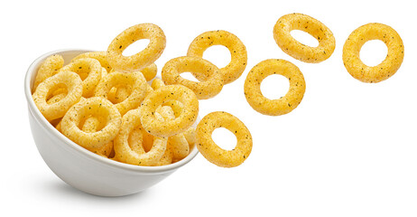 Falling crispy onion rings isolated on white background