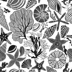 Sea. Seamless vector pattern with sea creatures on white. Perfect for wallpaper, wrapping, fabric and textile. Black and white. - 634834145