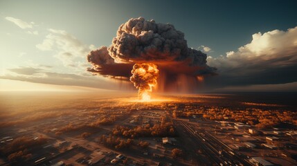 Nuclear explosion day or night. Stormy sky, shock wave against the background of a nuclear fungus in the process of releasing thermal and radiant energy as a result of an uncontrolled nuclear fission  - obrazy, fototapety, plakaty