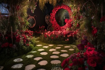 Fantasy garden inspired by the Queen of Hearts from Alice in Wonderland. Generative AI