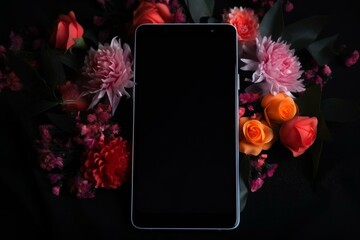 Phone on white screen next to flowers on black background. Generative AI