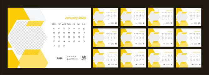 Calendar 2024 template, Desk calendar design, Happy New year, minimal trendy style, table calendar, desk calendar layout, Week start on Monday, Set of 12 Months, vector illustration