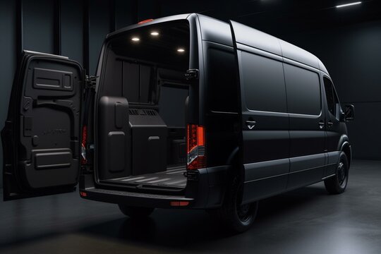 Dark studio showcases matte black techy delivery van. Rear view with open tailgate and side door reveals compartment space. Copy space available. Generative AI