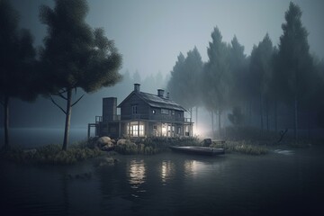 Fototapeta na wymiar A small house on the beach beside a lake surrounded by fog and trees in dim light. 3D artwork. Generative AI