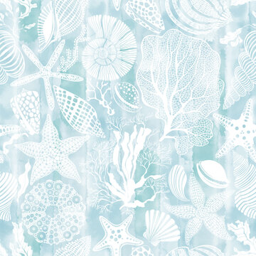 Endless background on the marine theme on blue watercolor . Abstract vector illustration. Perfect for design templates, wallpaper, wrapping, fabric and textile.