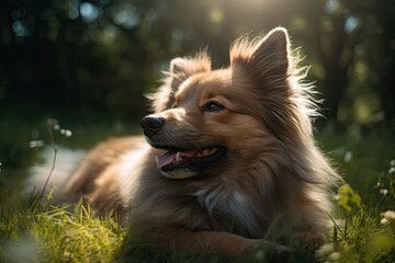 Cute puppy lying under the sun, surrounded by serene nature., generative IA