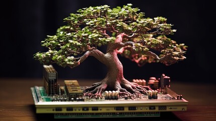 Drzewo bonzai wyrastające z płyty głównej komputera