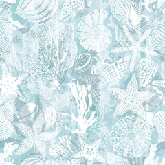 Sea. Abstract seamless pattern on the marine theme with underwater plants,starfish and seashells on blue watercolor background. Vector. Perfect for design templates, wallpaper, wrapping,  textile. - 634835550