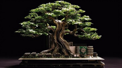 Drzewo bonzai wyrastające z płyty głównej komputera - obrazy, fototapety, plakaty