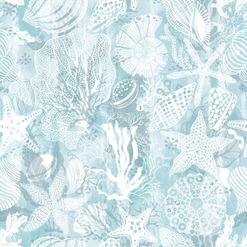 Sea. Abstract seamless pattern on the marine theme with underwater plants,starfish and seashells on blue watercolor background. Vector. Perfect for design templates, wallpaper, wrapping,  textile.