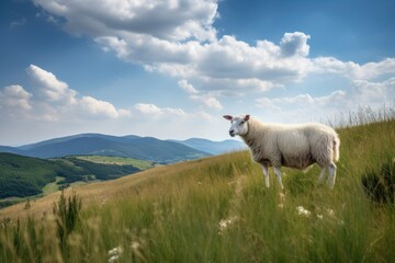 White sheep grazing in a field with mountains in the background., generative IA