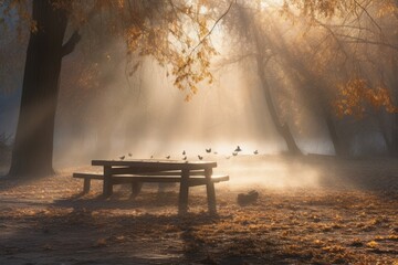 Square bench in the mist, pigeons and leaves. Serene fall., generative IA