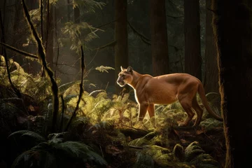  Majestic puma on alert in the lush forest., generative IA © Gabriel