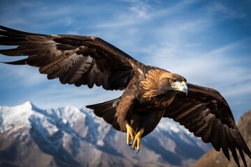 Majestic golden eagle flying over mountains. Fierce and imposing., generative IA