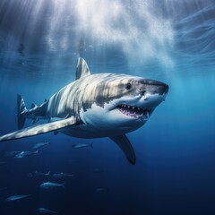 Captivating Underwater Photography: Majestic Great White Shark Gliding Through the Deep Sea