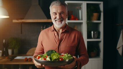 Portrait of pensioner mature man holding dish of healthy vegetable salad with smiley face.generative ai