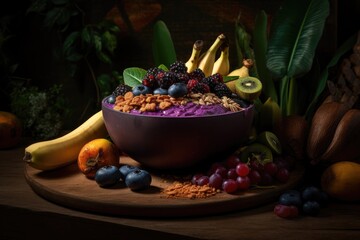 Acai bowl with banana and granola in the jungle., generative IA