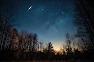 Meteorite cutting starry sky between tall trees. Impressive golden and blue glow., generative IA