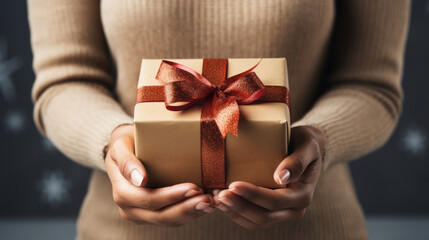 Close up shot of female hands holding a gift wrapped with ribbon. Present in the hands of a woman indoor. Shallow depth of field with focus on the box.