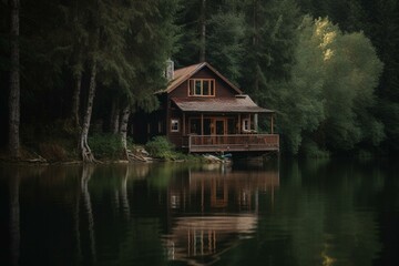 Fototapeta na wymiar A tranquil cabin beside a serene body of water. Generative AI