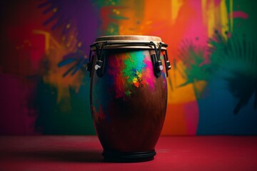 Colorful conga drum on vibrant background. Generative AI - obrazy, fototapety, plakaty