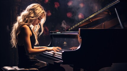 Amazing blonde girl playing black piano. Generative AI