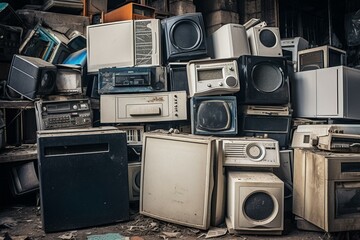 Electronic waste including refrigerators and washing machines collected and awaiting disposal. Close-up. Generative AI