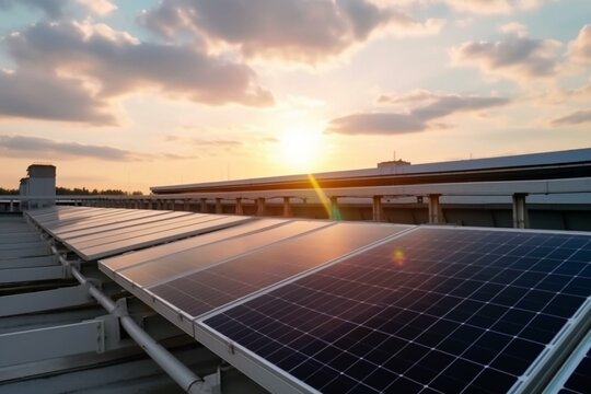 Roof solar panels power industrial building with renewable energy via green technology. Generative AI