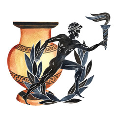 Composition with ancient Greek elements and an athlete with a torch. Amphora, laurel wreath. In the style of ancient Greek art painting. Hand drawn watercolor illustration.