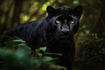 Naklejka na ściany i meble Majestic black panther emerges in the jungle. Fierce elegance. Mesmerizing emerald eyes., generative IA