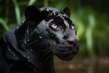 Majestic black panther emerges in the jungle. Fierce elegance. Mesmerizing emerald eyes., generative IA