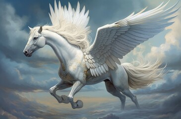 Pegasus soars majestically through the blue skies., generative IA