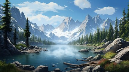  a painting of a mountain lake surrounded by trees and rocks.  generative ai