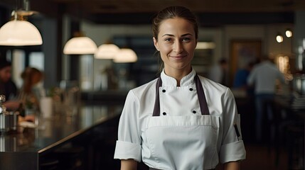 Smiling female chef wearing an apron.