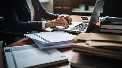 Scattered papers in the office on the desk, office, unfinished business, running a company, man overwhelmed by work - created with generative AI technology