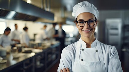 Smiling female chef wearing glasses