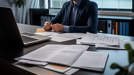 Scattered papers in the office on the desk, office, unfinished business, running a company, man overwhelmed by work - created with generative AI technology