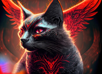 Close up of mystic cat, like a phoenix, red and black colors. Generative AI