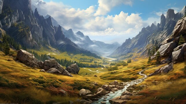  a painting of a mountain valley with a stream running through it.  generative ai