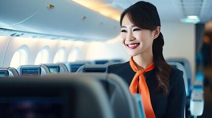 Smiling female flight attendant wearing glasses.